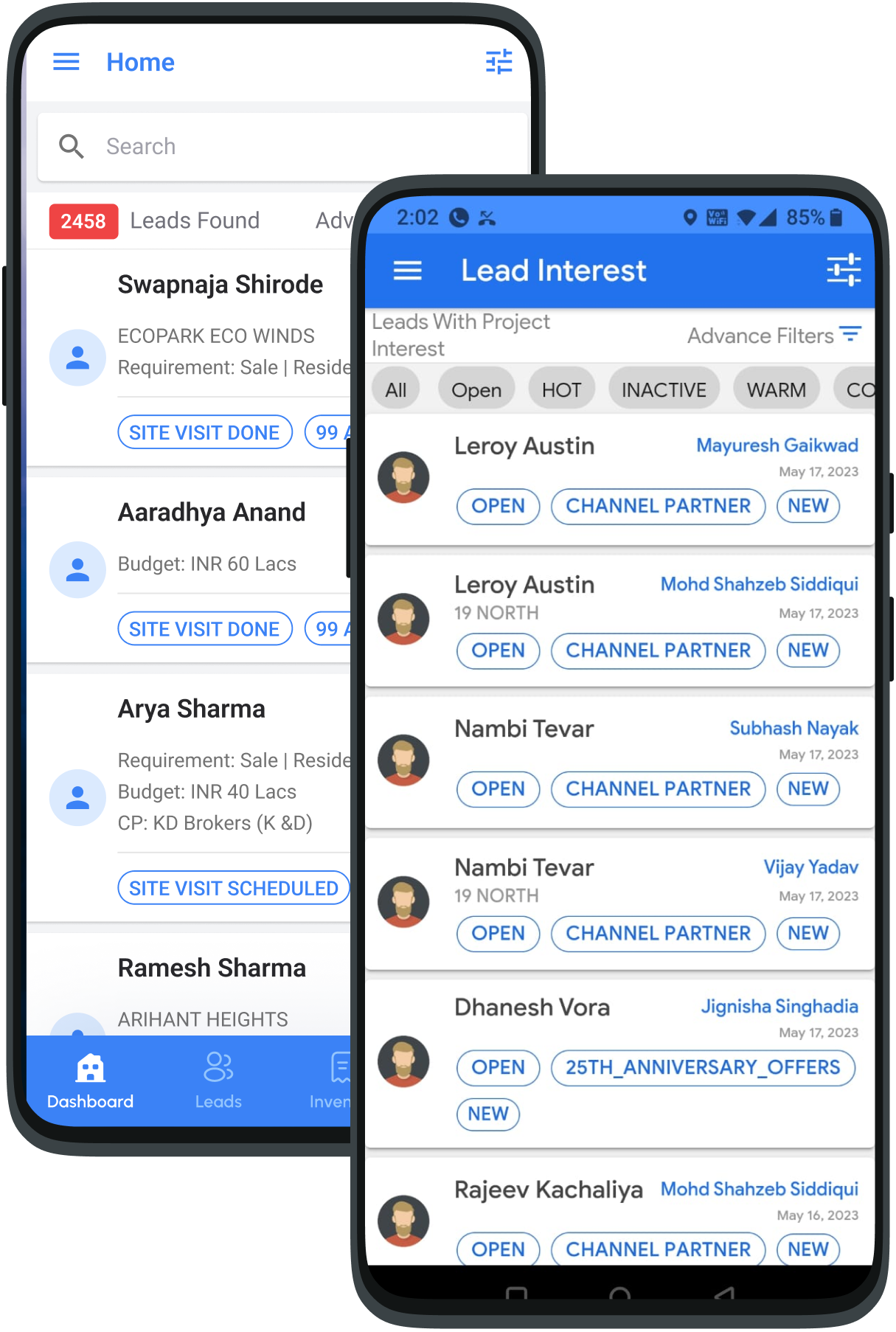 Lead analysis screens in the Buildesk CRM mobile app