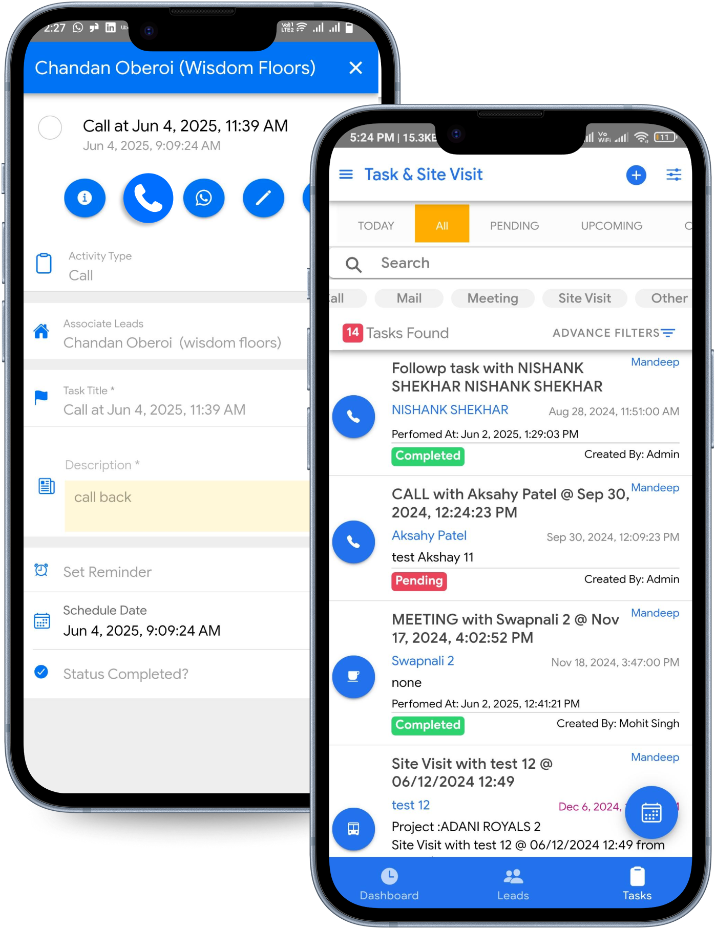 Task and site visit management in the Buildesk CRM mobile app