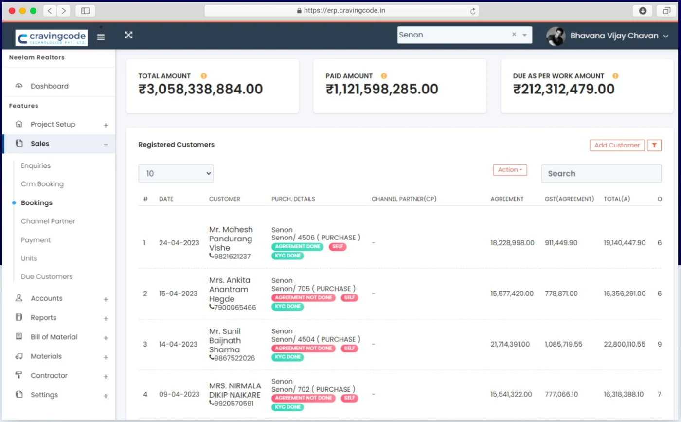 Post sales CRM for builders dashboard showing total, paid and due amounts